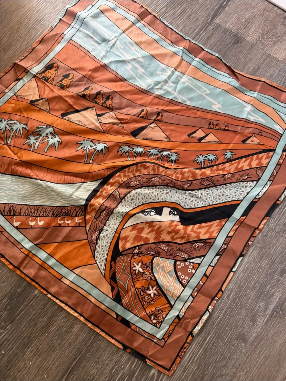 Vintage Egyptian Desert Print Square Scarf - Rust & Teal